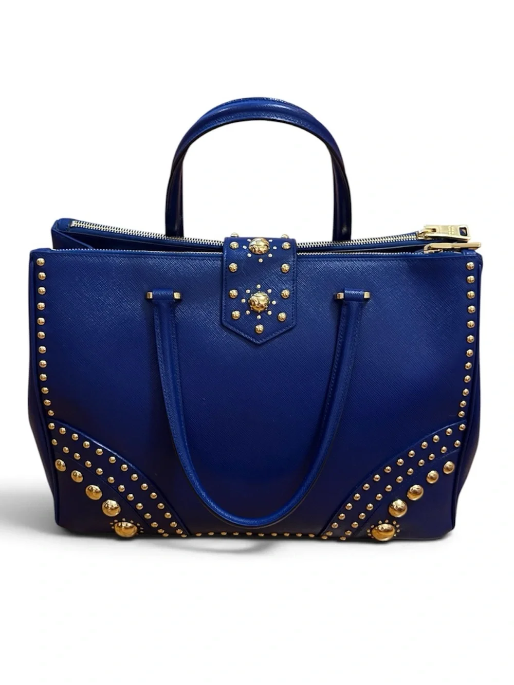 Prada Blue Saffiano Leather Studded Tote Crossbody Bag